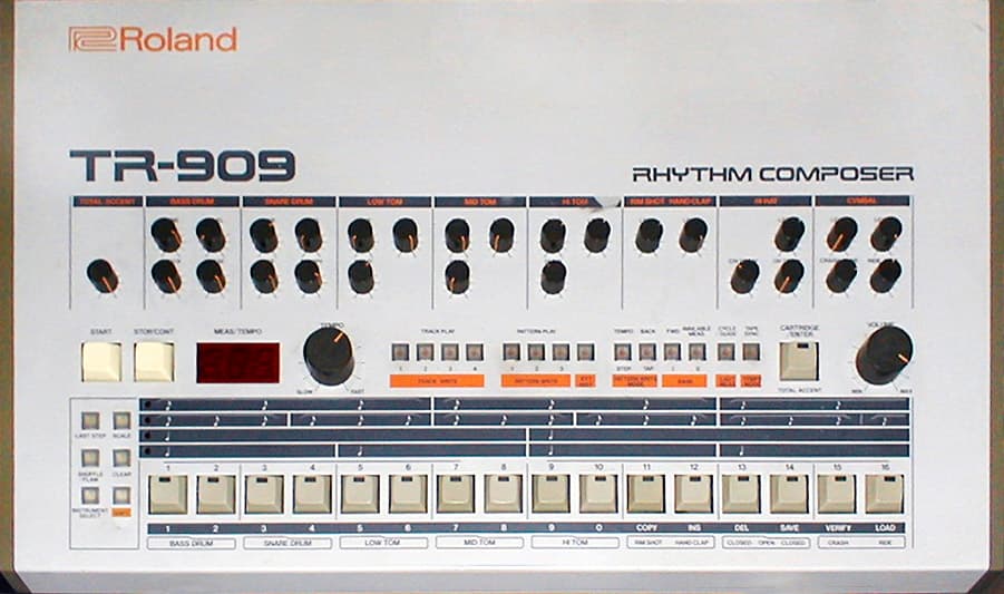 A Roland TR-909 drum machine β the box that gave house and techno their four-on-the-floor pulse